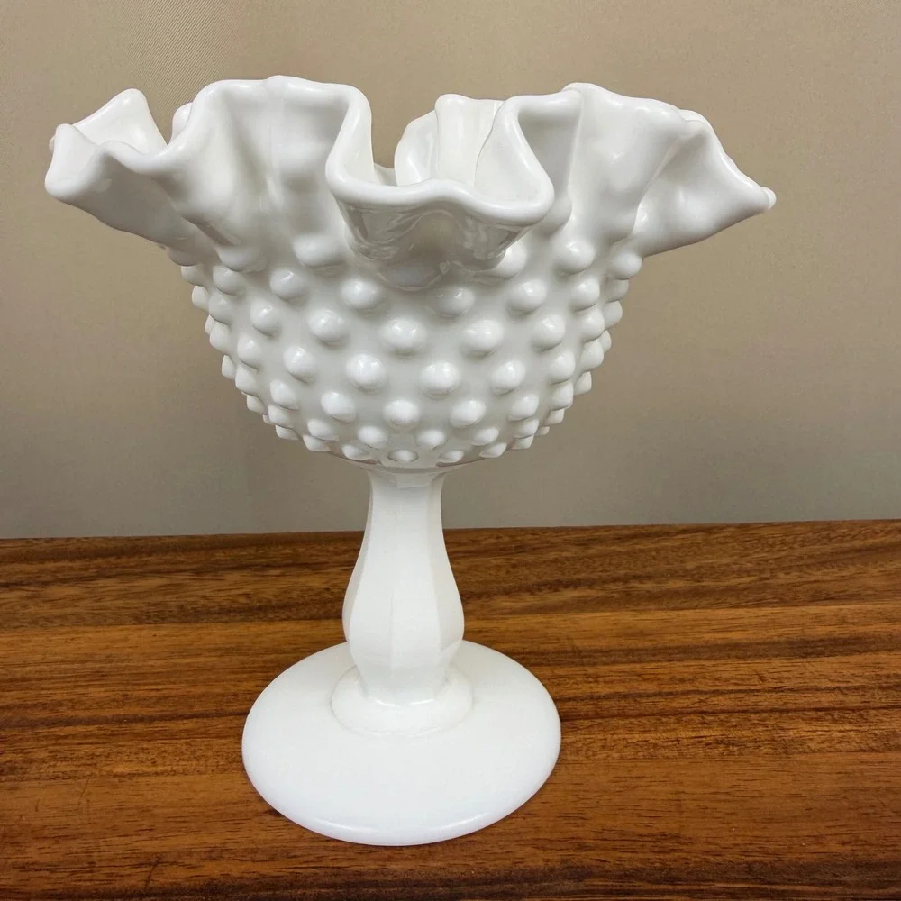 Fenton Milk Glass Hobnail Compote Ruffled Edge Pedestal Bowl Vintage Art Glass